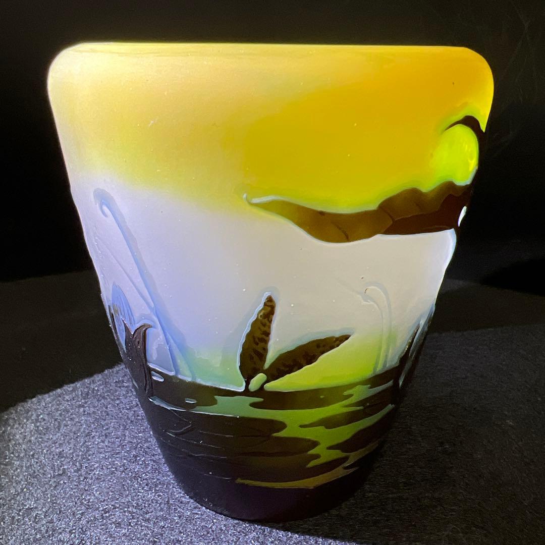 エミール・ガレ　三色酸化腐食彫花瓶　ケース付　鑑定証書付　東Y8-0210☆1F