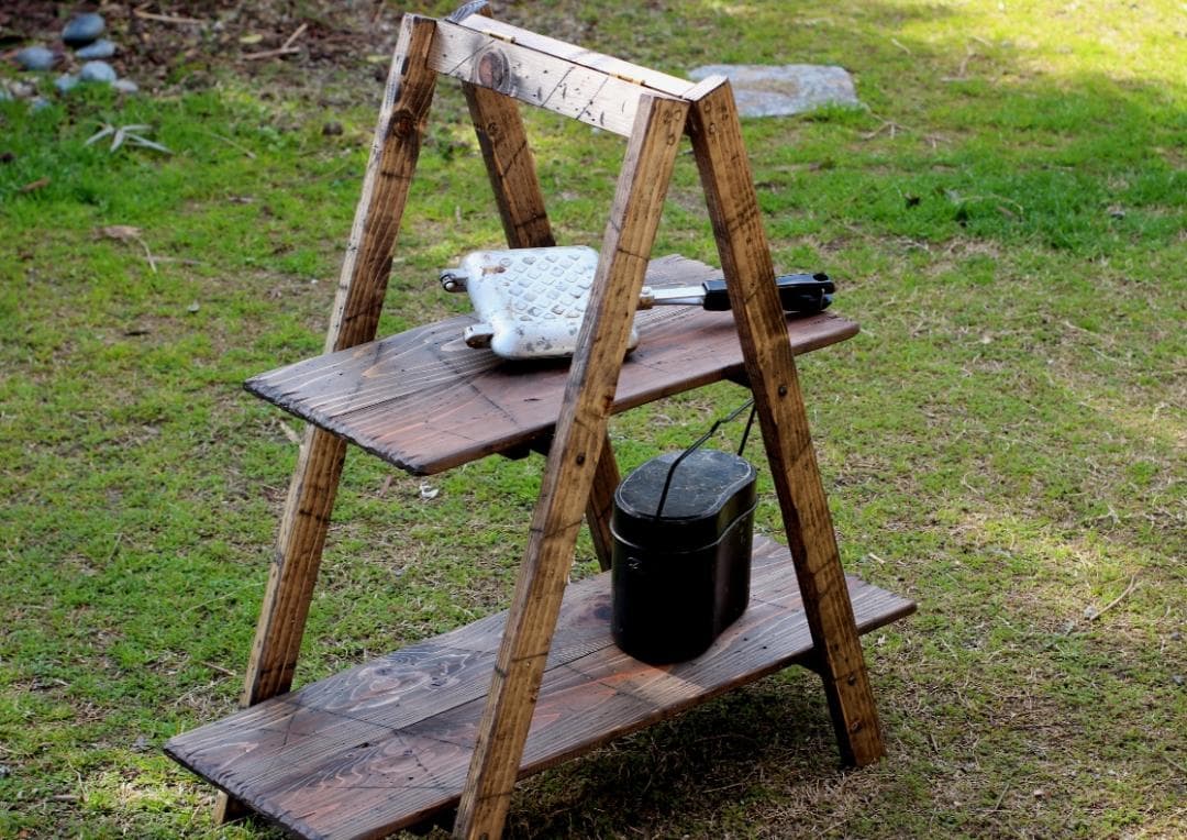 折りたたみ2段ラック　アンティーク風　ダメージ　エイジング　キャンプ　アウトドア