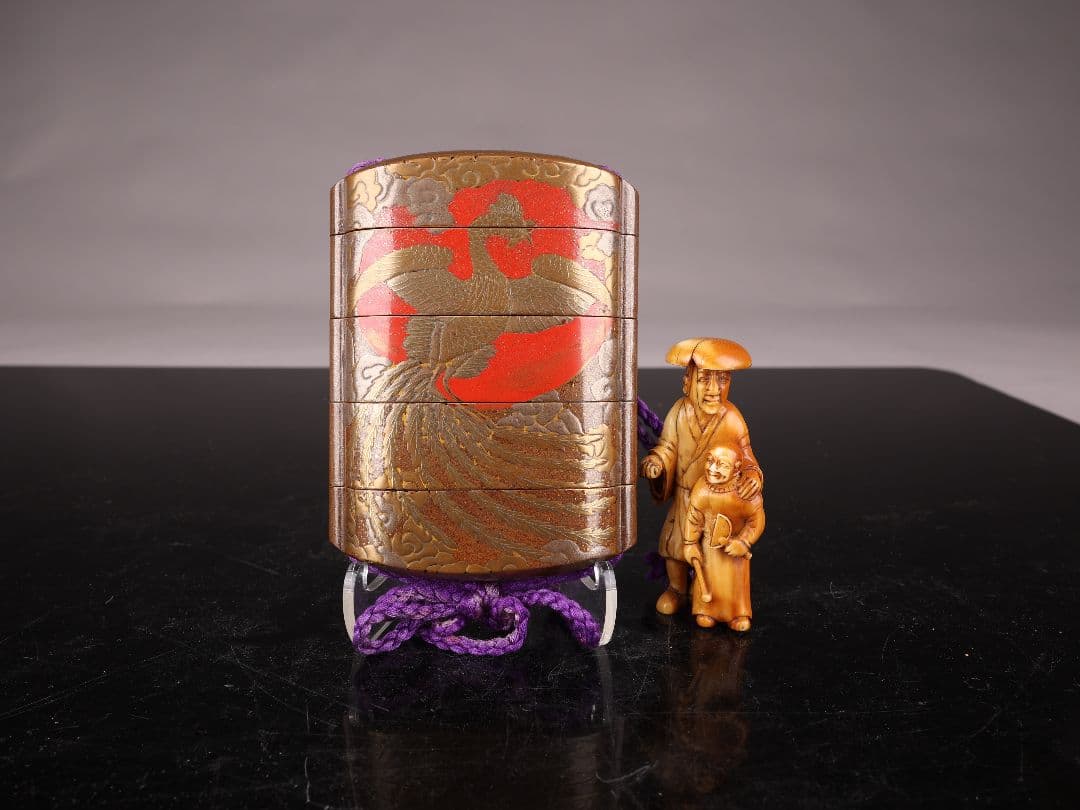 A508 鳳凰印籠 云草文 金蒔絵 無銘根付 時代物 提物【＾＃