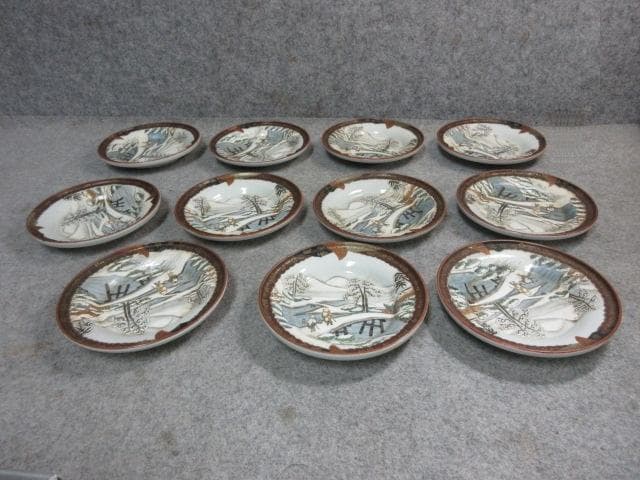 九谷焼 色絵 冬景色 小皿 11枚 上出製 [B24447]