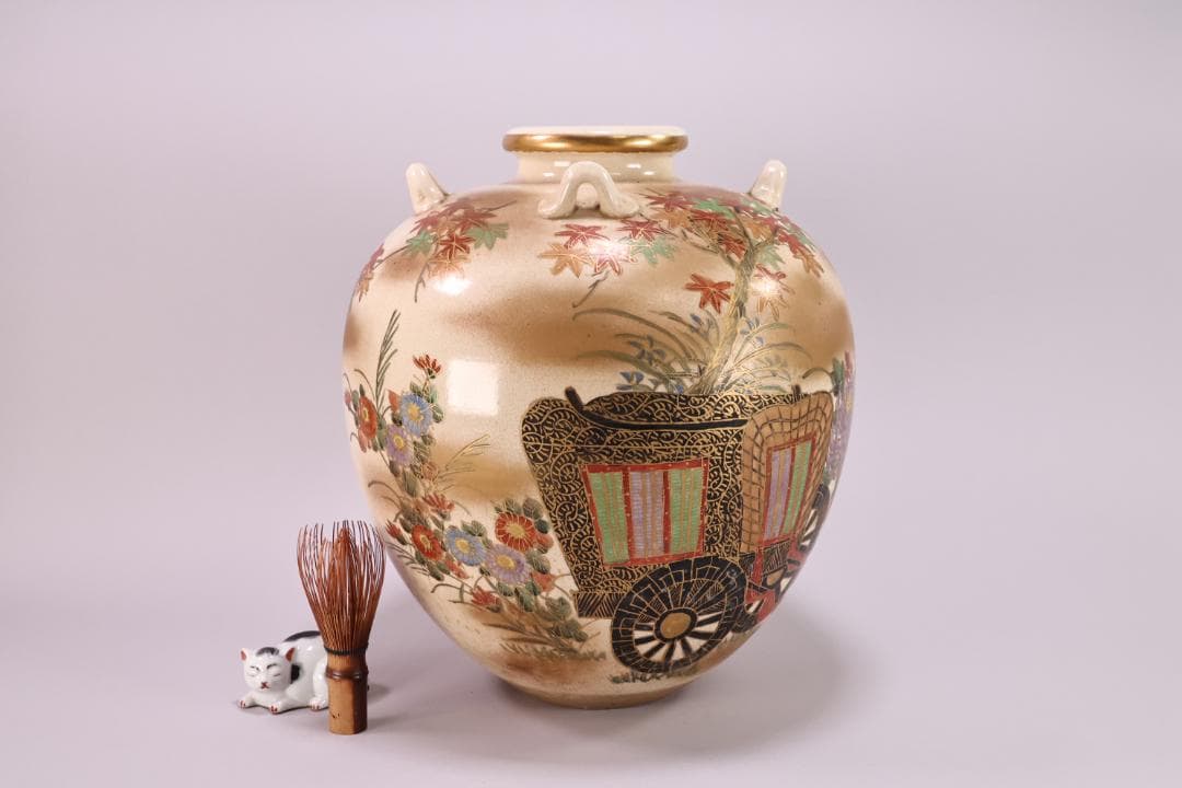 仁清 写　 色絵 金雲菊花御所車図　四耳壺　茶壺　花瓶　壷　花器　BK49