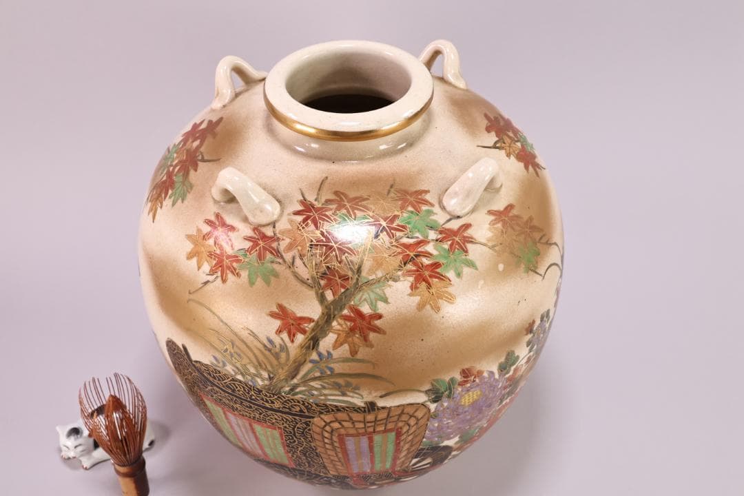 仁清 写　 色絵 金雲菊花御所車図　四耳壺　茶壺　花瓶　壷　花器　BK49