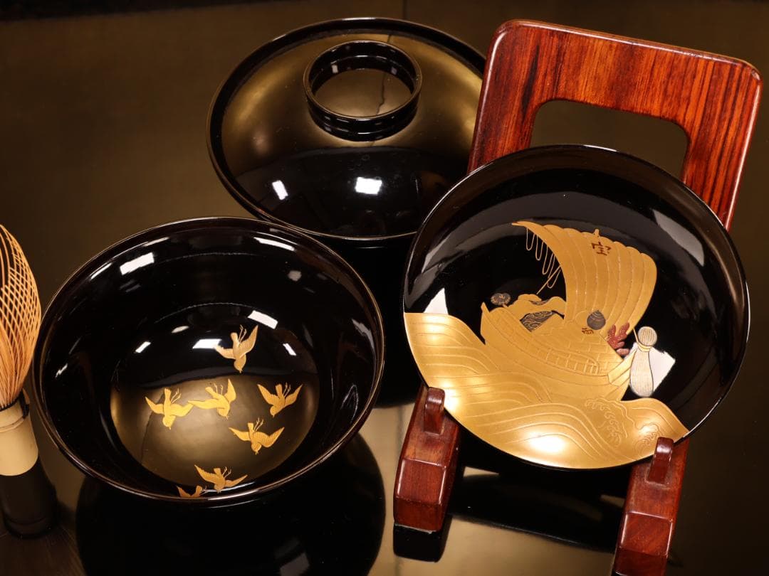 BK407　時代輪島塗　宝船図金蒔絵　波千鳥　吸物椀　1客　木製　茶道具 懐石