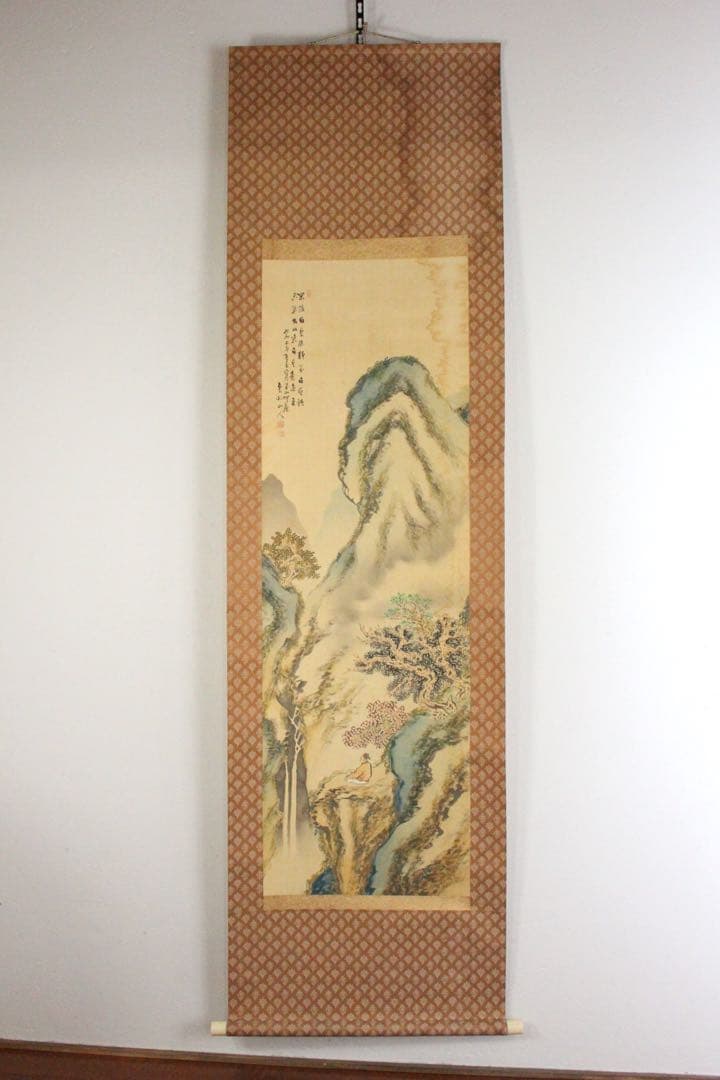 No5217 掛軸　雲外山人　在銘　青緑山水人物画　山水　着色絹本　送料無料