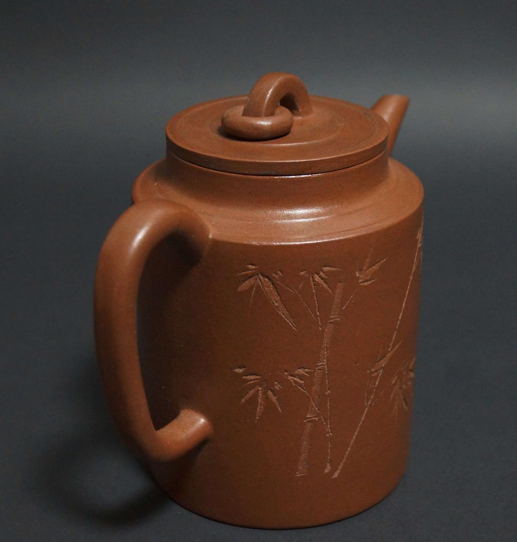 中国宜興 清 名家 朱石梅 款 細工彫り『竹漢詩文』 造形紫砂壺 急須 茶道具