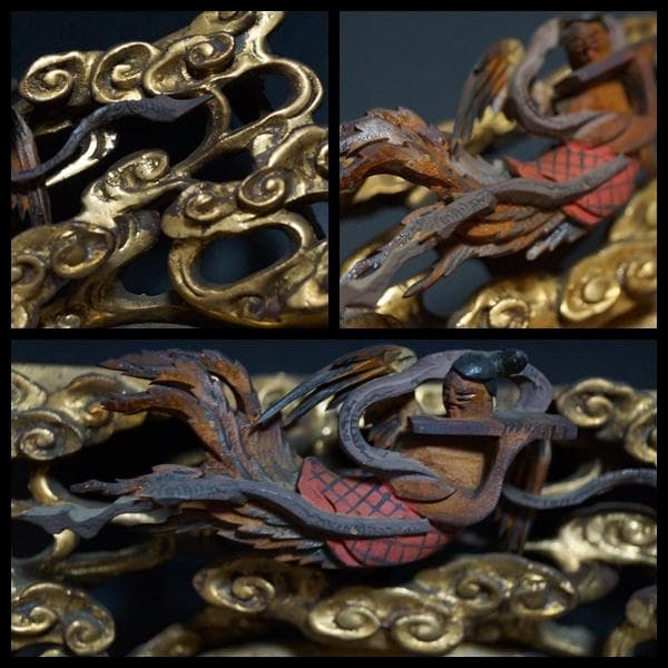 江戸末期一刀彫り高浮彫『天女飛天図』 木造彩漆金箔 木彫欄間飾り置物オブジェ