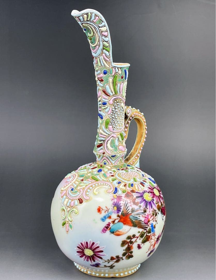 【希少】オールドニッポン 雀図花紋 一陳盛り エナメル 花瓶 ピッチャー 水差し