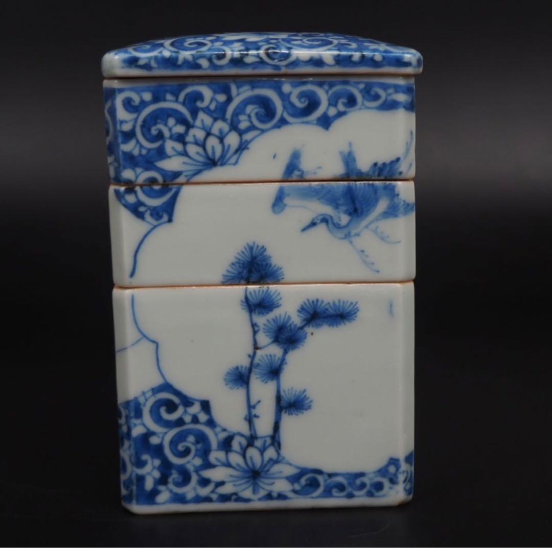 送料無料 明治7年(1874年)購入　青花四君子鳥図三重箱　共箱★大珍品★