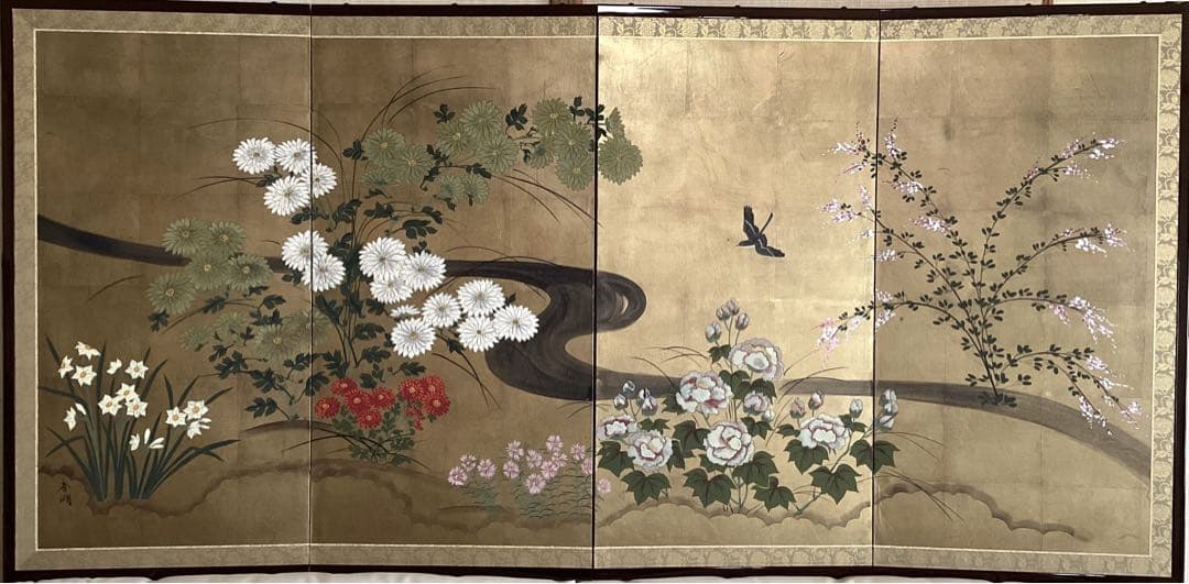 四つ折り屏風　日本画　金箔彩色　琳派 四季花