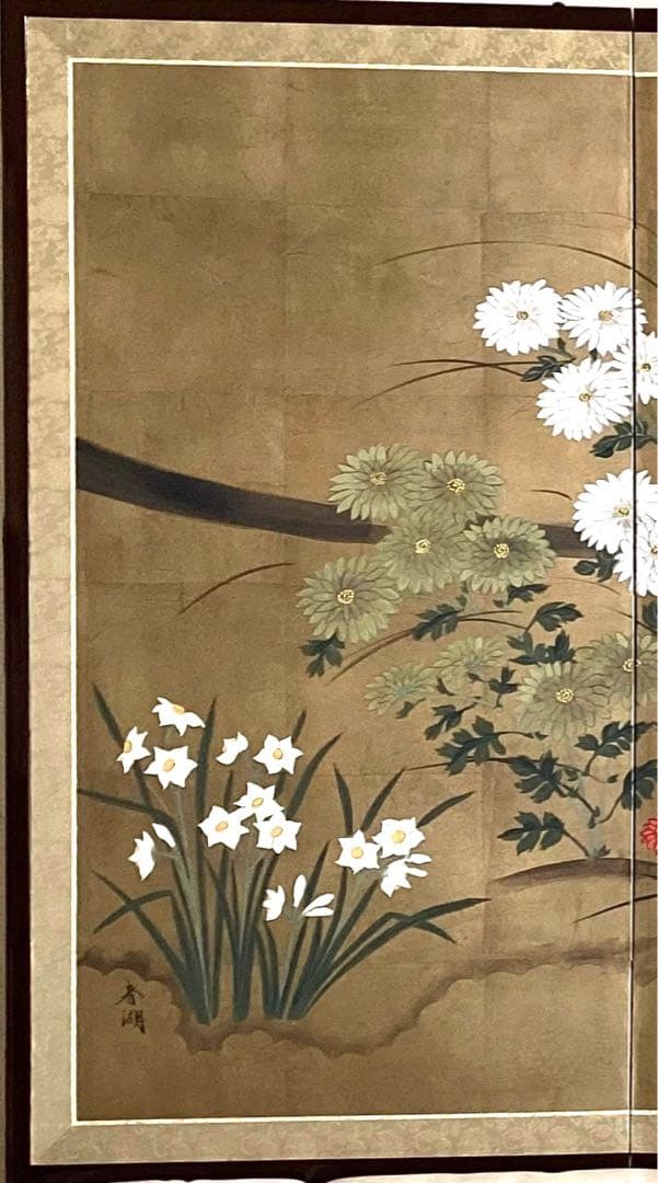 四つ折り屏風　日本画　金箔彩色　琳派 四季花