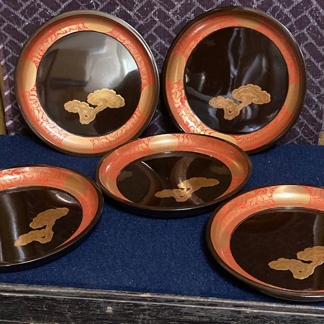 研出蒔絵　霊芝紋木皿　五枚組
