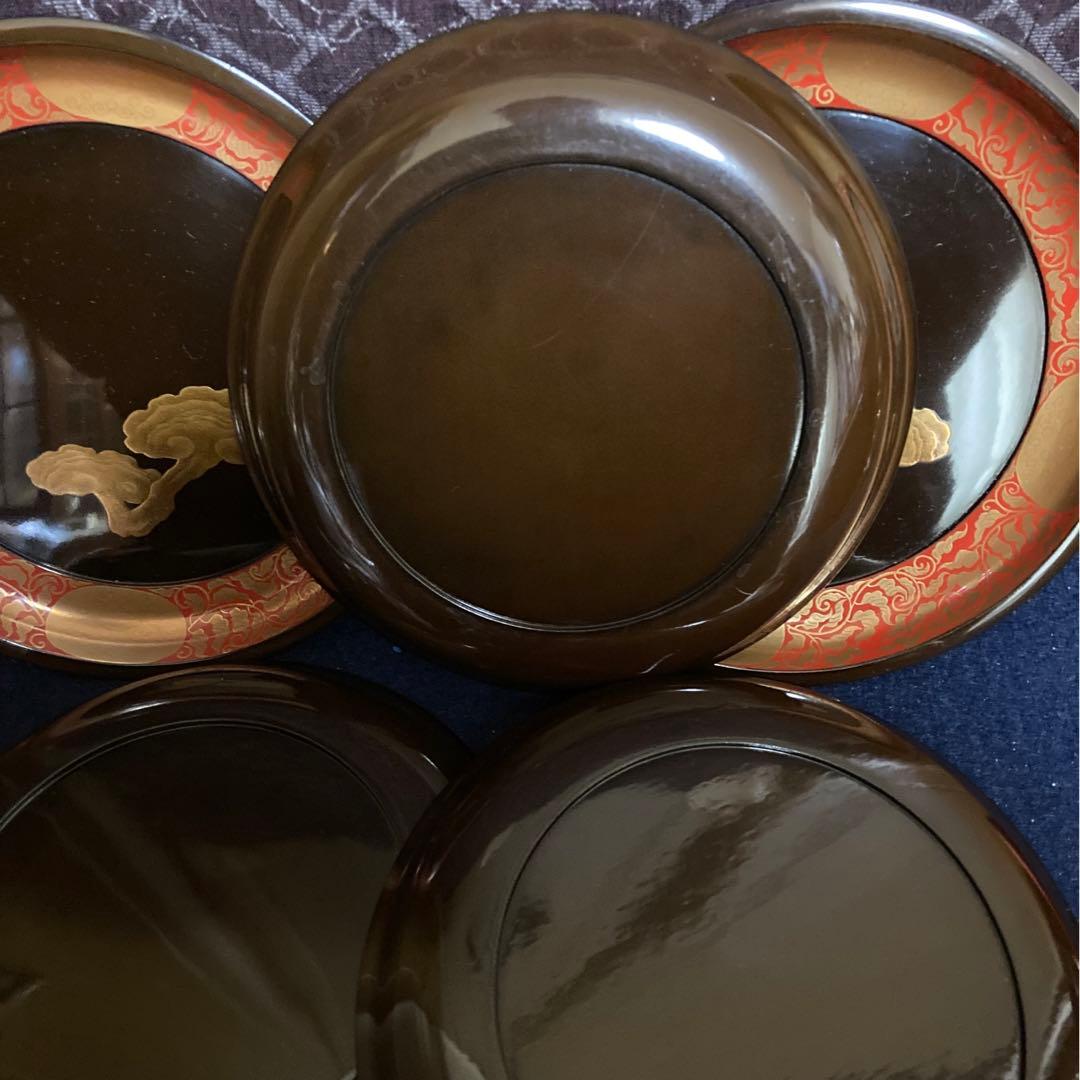 研出蒔絵　霊芝紋木皿　五枚組