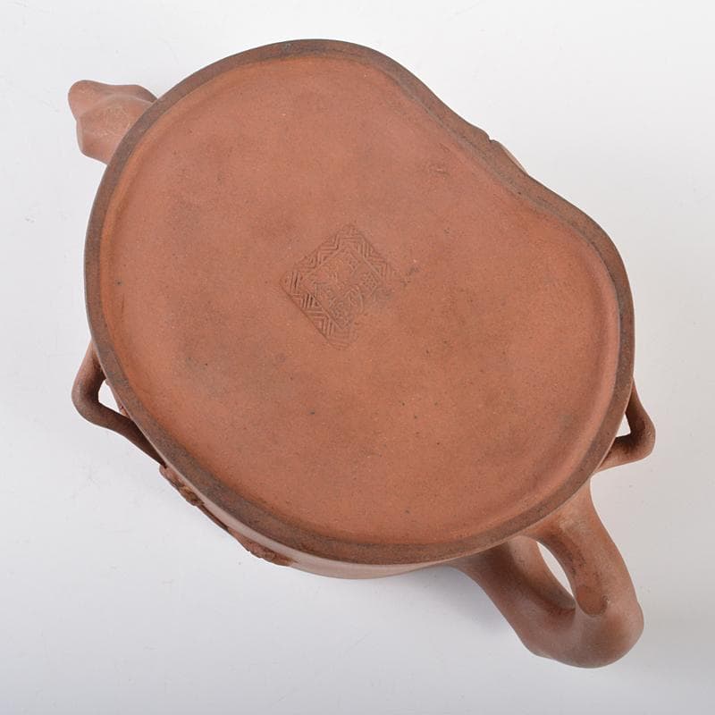 中国　宣興紫砂　朱泥　刻梅文　急須　茶壷　Y　R6553