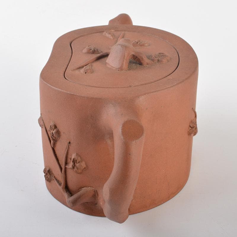 中国　宣興紫砂　朱泥　刻梅文　急須　茶壷　Y　R6553