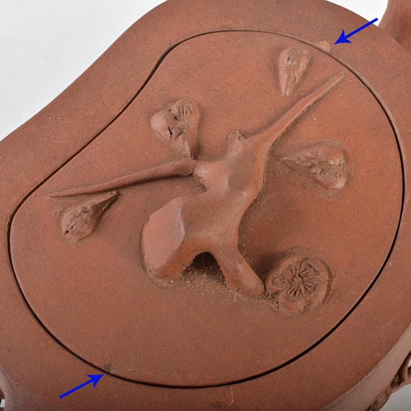 中国　宣興紫砂　朱泥　刻梅文　急須　茶壷　Y　R6553