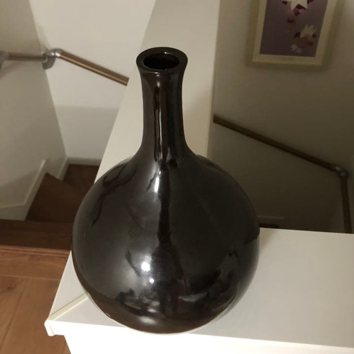 古美術品◼️蔵から出て来た、真っ黒な美しい流線形の大きな壺、壷、花瓶、花道具