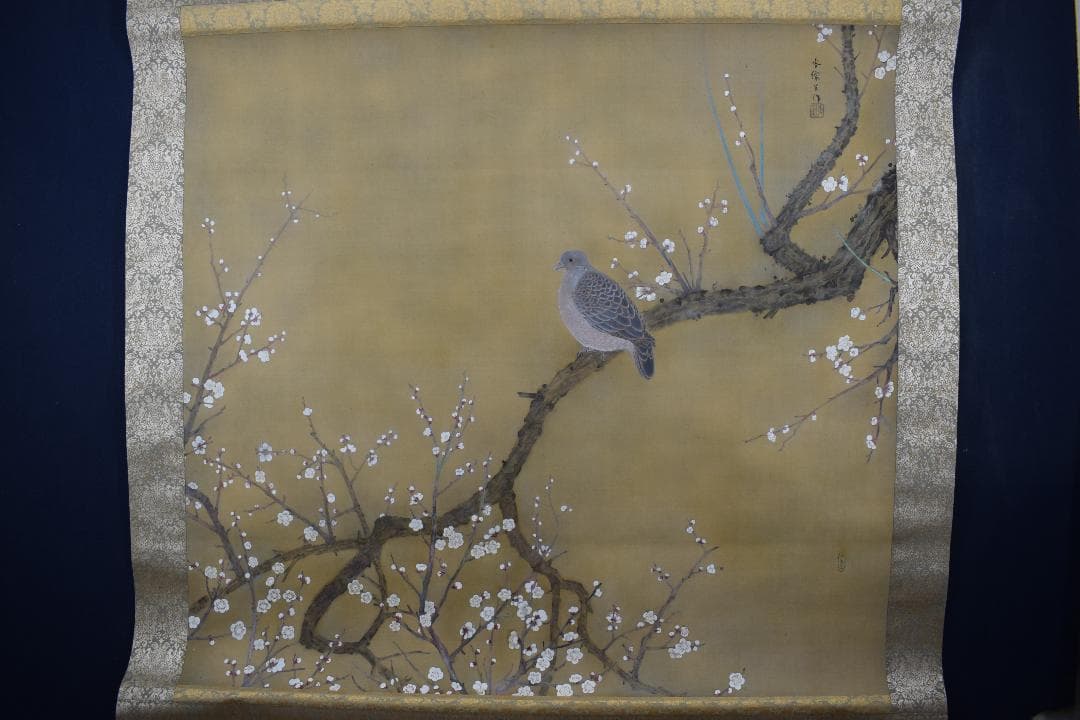 【模写】土田麦僊/梅花鳩之図/掛軸☆宝船☆X-632