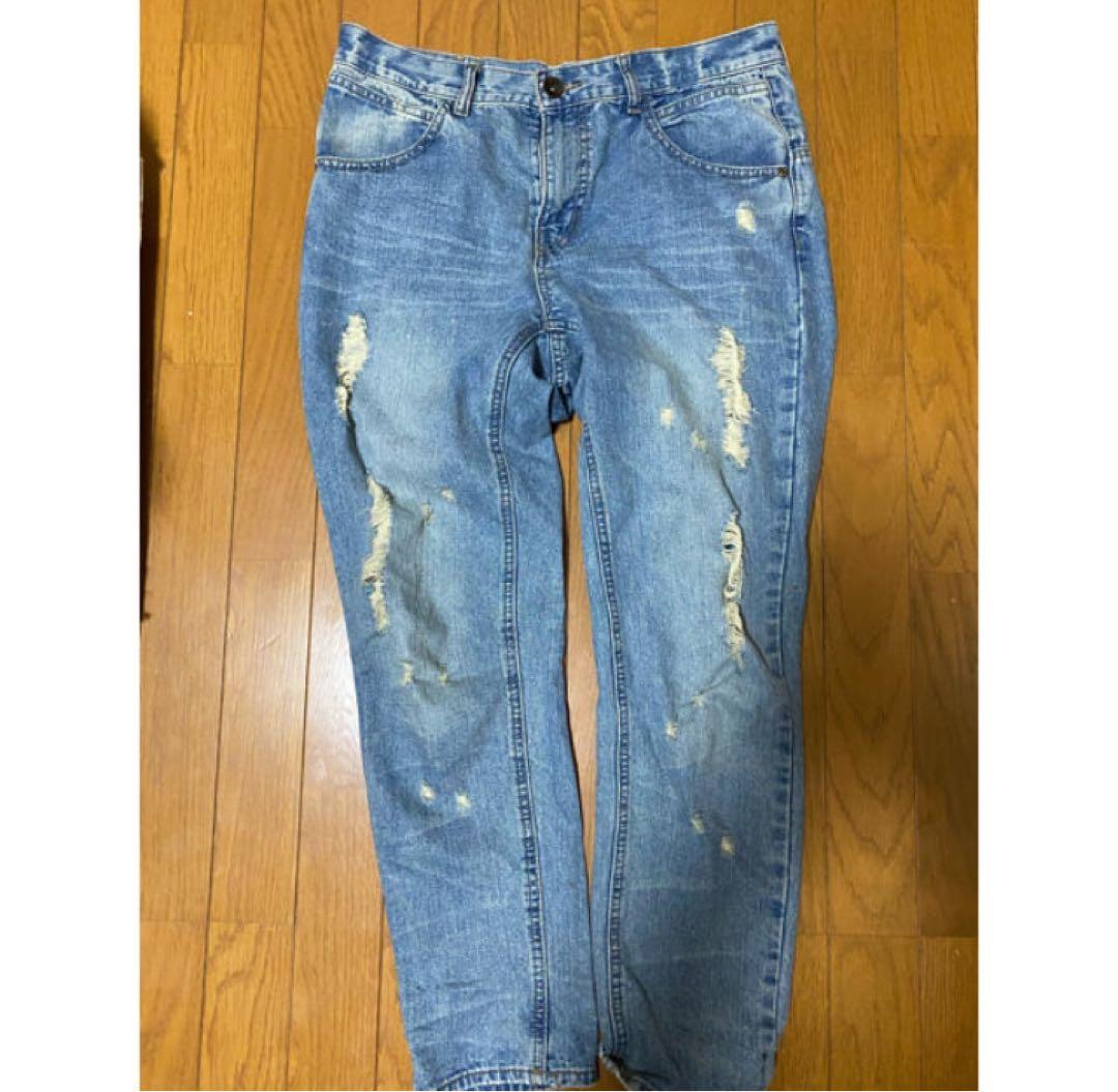 antiqua ダメージハラコデニムパンツ 色落ちブルー　Ｌサイズ