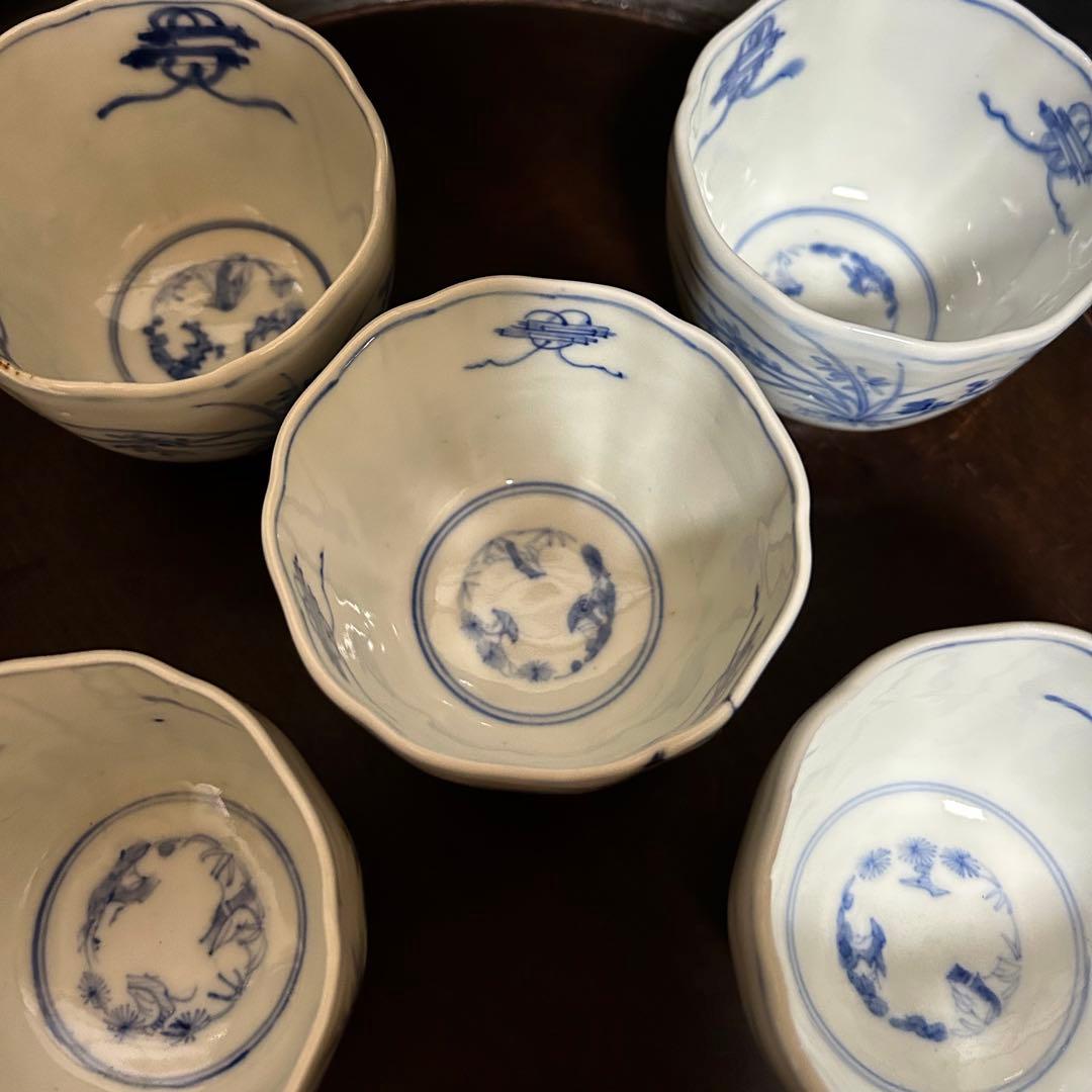 江戸期　上手古伊万里　「草花梅図猪口　五客揃」無傷　本物保証