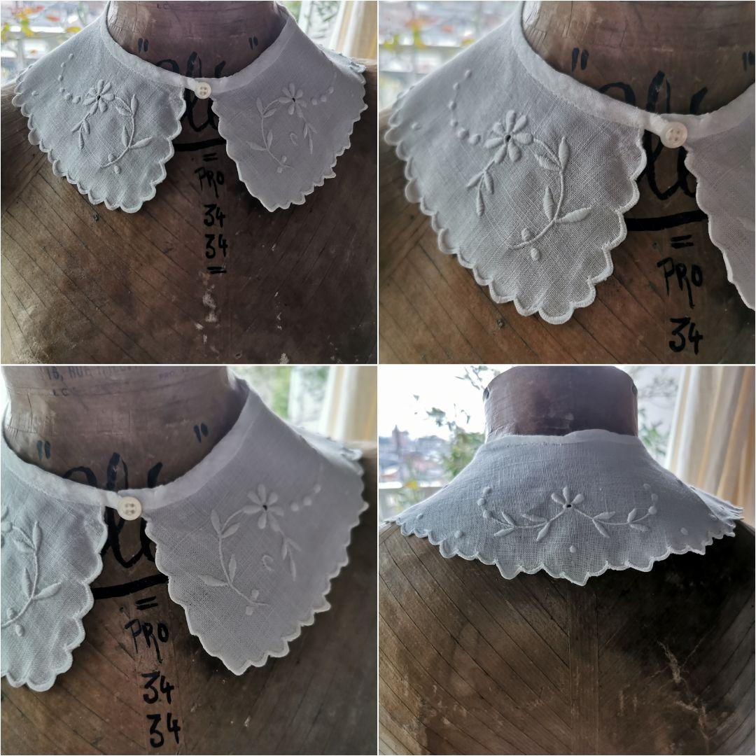 アンティーク フランス アイレット 花刺繍 スカラップ 付け襟 飾り襟