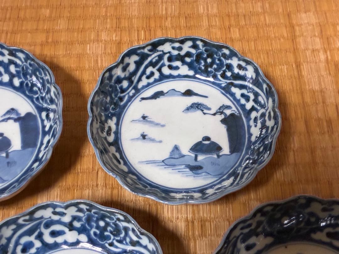 古伊万里 染付 風景紋 膾皿 五枚揃い 印あり 時代物