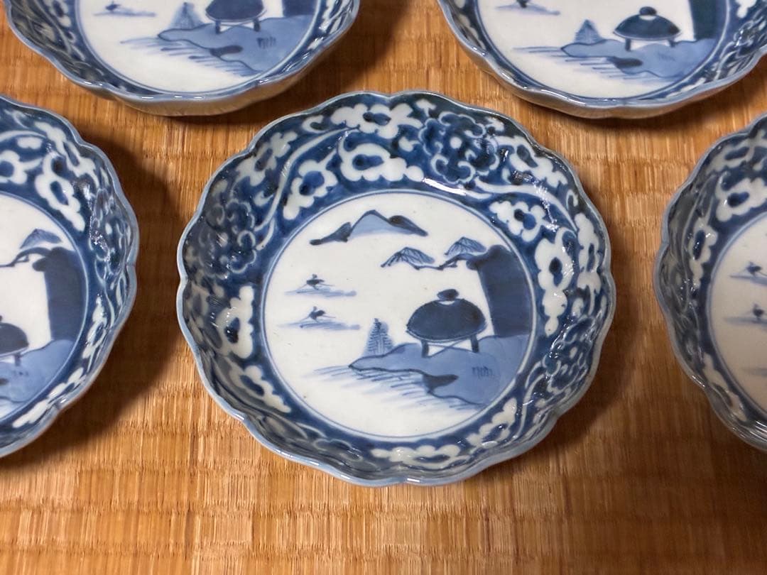古伊万里 染付 風景紋 膾皿 五枚揃い 印あり 時代物