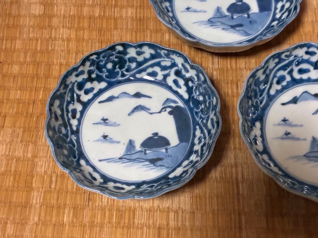古伊万里 染付 風景紋 膾皿 五枚揃い 印あり 時代物