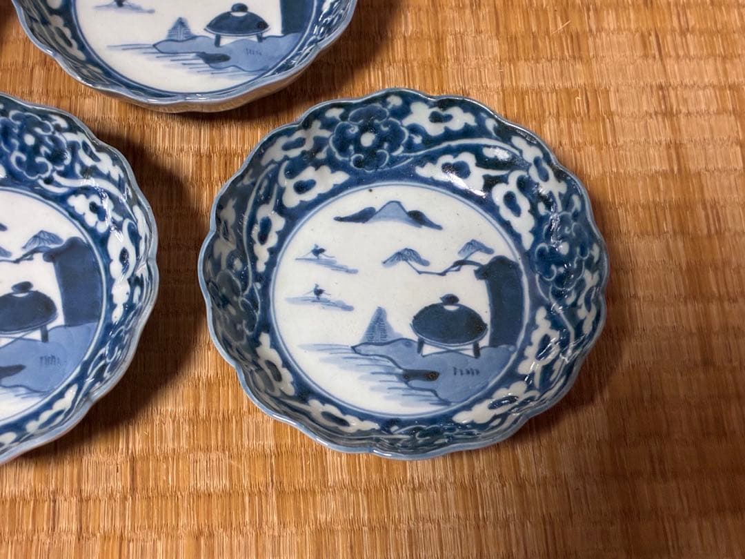 古伊万里 染付 風景紋 膾皿 五枚揃い 印あり 時代物