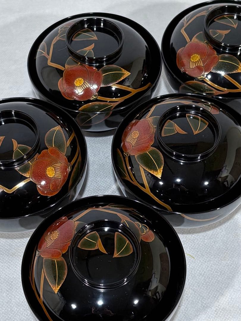 輪島塗　元岡光漆堂謹製　蒔絵師 静峰　塗師 清斉　椿蒔絵 吸物椀五客　美品　共箱