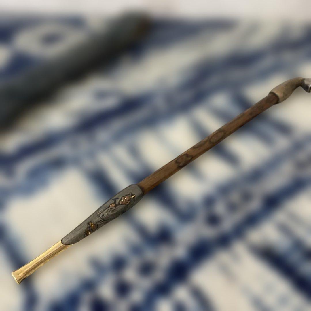 金工師　芳老　煙管　キセル　金口　　在銘　純銀　斑竹