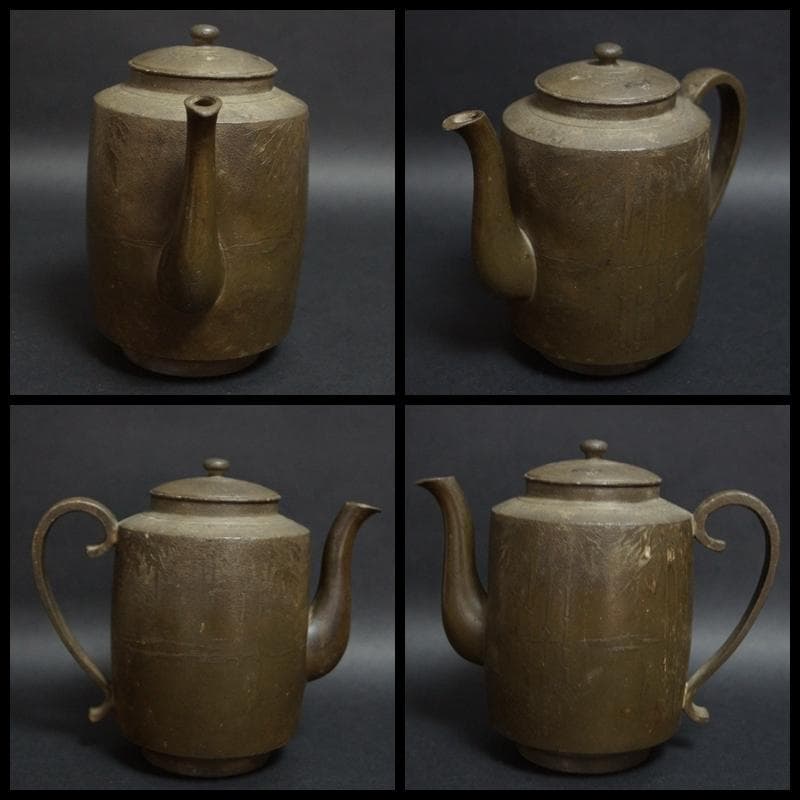 明治期薩摩 純正錫 山崎製造 金工細工『竹文』水注 急須 箱付