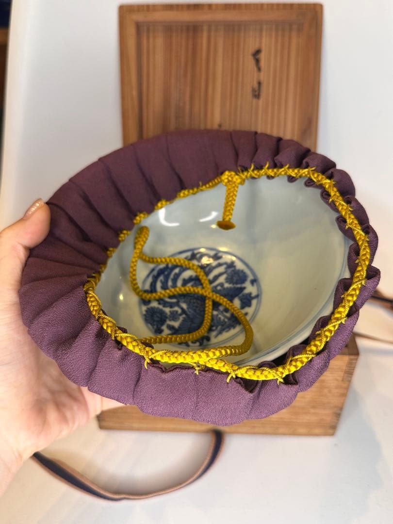 本mercy専用　大明萬暦年製 底款 青花染付対頭鳳紋 碗 仕覆木箱 中国古美術