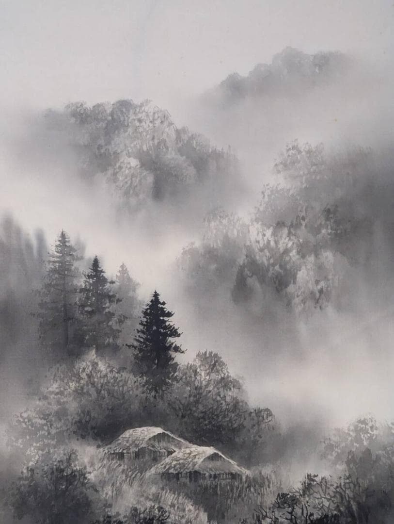 【真作】掛軸　幽谷山村図　霧に包まれた幻想の墨絵　墨絵山水　静謐な風景　T140