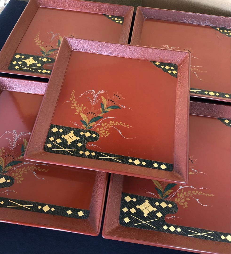 《R》朱塗 蒔絵 四方膳 会席膳5客 銘々盆 木製漆器 260209け1