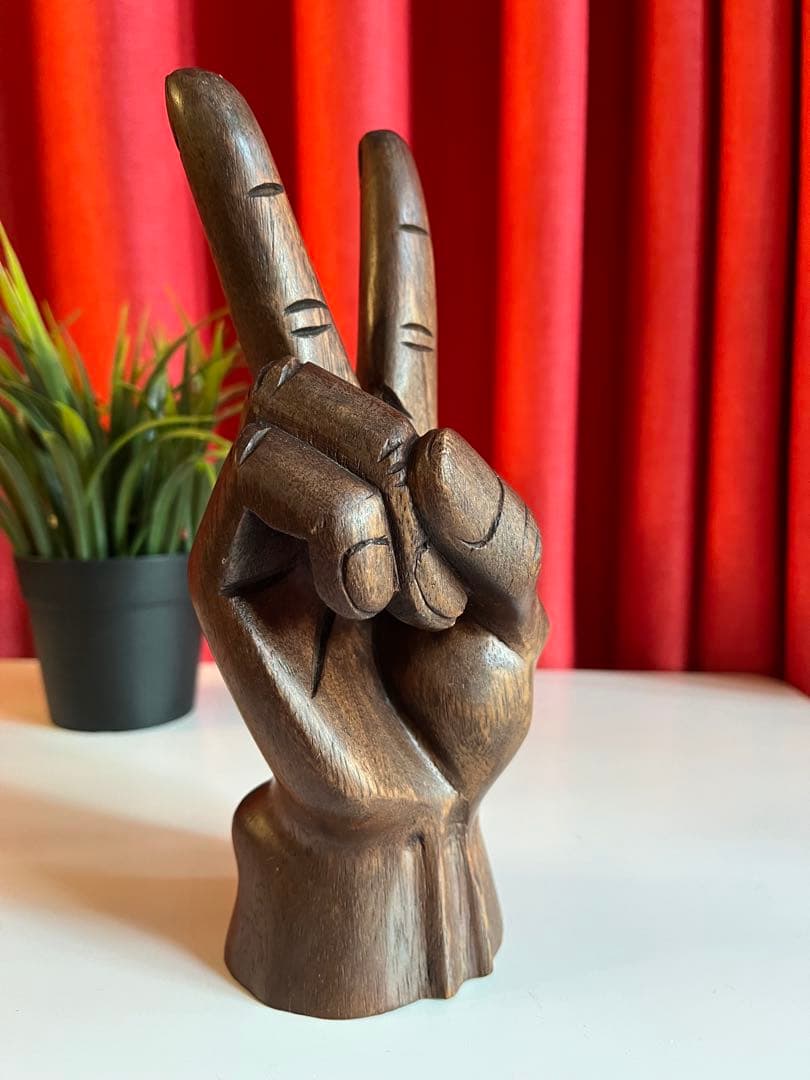 ヴィンテージ　木製　ハンド　ピースサイン　70'sアメリカ　彫刻　手　オブジェ