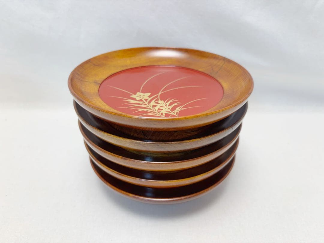 未使用 茶道具 文平堂作 木製漆器 金彩秋草蒔絵 銘々皿5客組 丸皿 和菓子共箱
