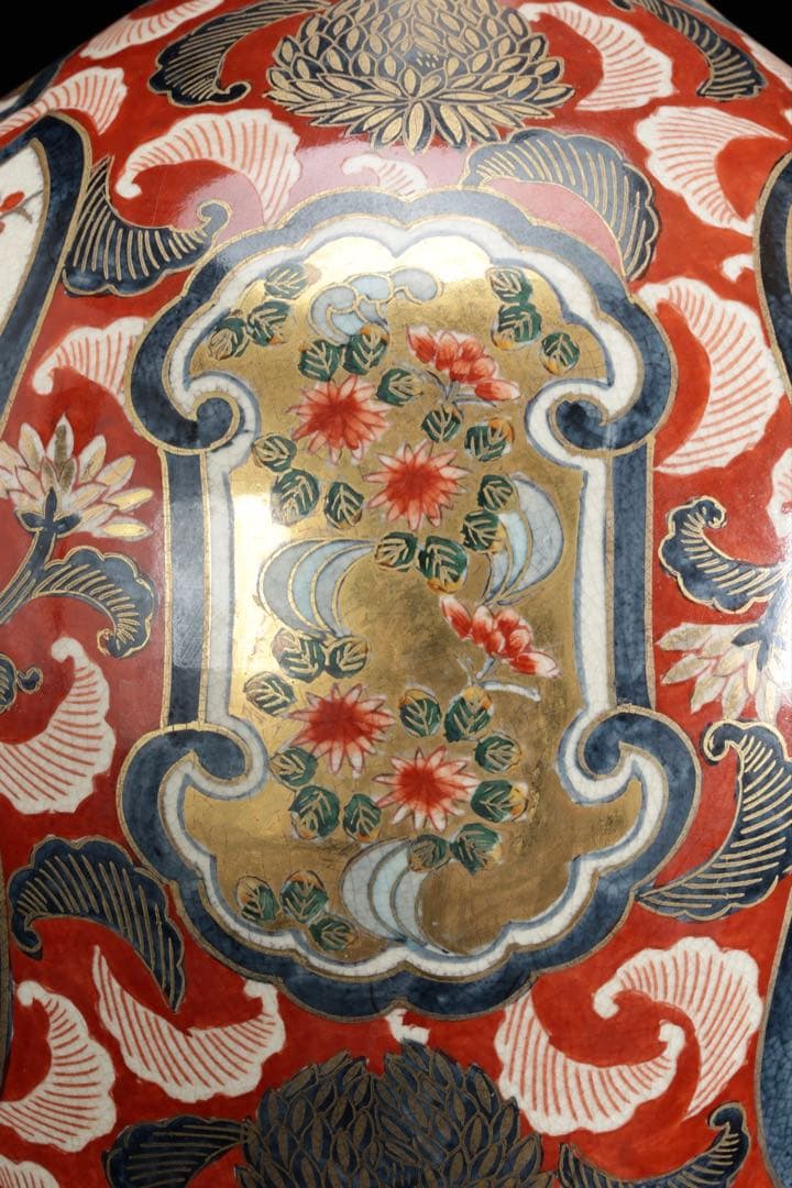 伊万里焼 大型花瓶 飾壺 45.5㎝ 赤絵金彩 美人花車図 伊萬里 古美術 骨董