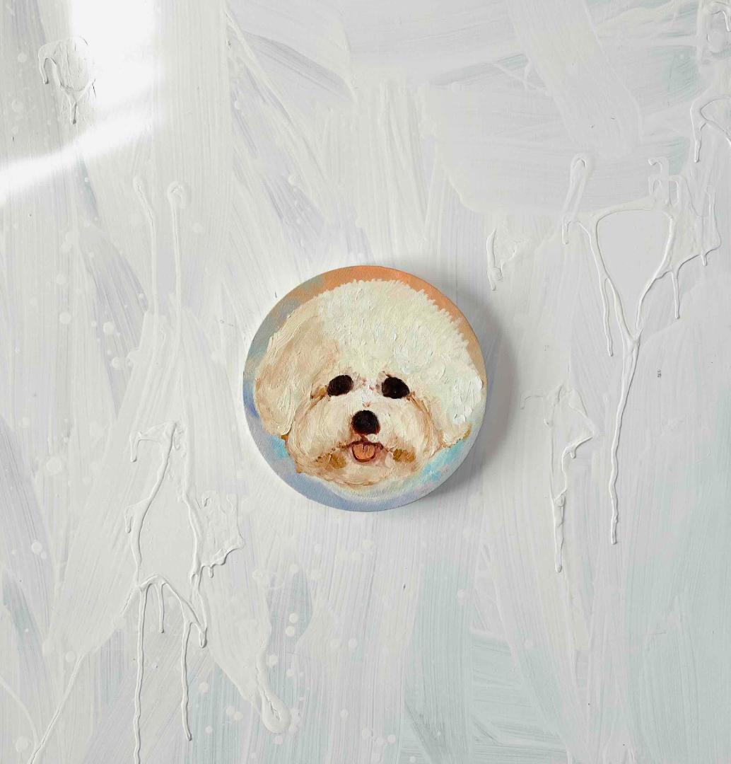 絵画 『ペロ』原画 油彩 直径20cm　犬　DOG 絵画 丸形アートパネル