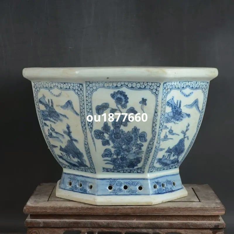 八方青花亭台楼高足鉢 盆栽鉢 植木鉢 多肉植物鉢 小品盆栽鉢 山野草鉢
