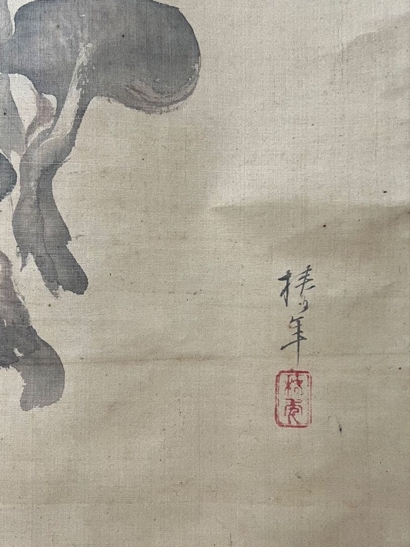 掛け軸　椿年絵／中井董堂（敬義）贊［霊芝之図］絹本　共箱！