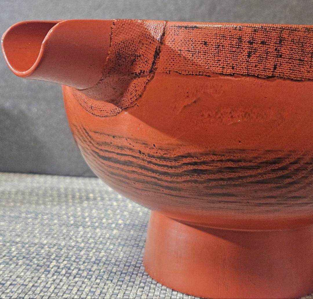 天然木　くり貫き造　朱漆塗　根来仕上　口縁布張　片口椀　酒次　酒器　未使用品！