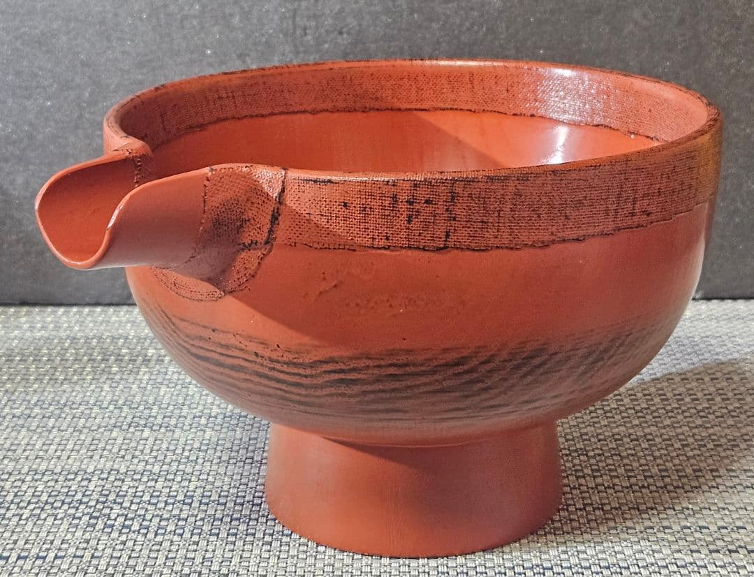 天然木　くり貫き造　朱漆塗　根来仕上　口縁布張　片口椀　酒次　酒器　未使用品！