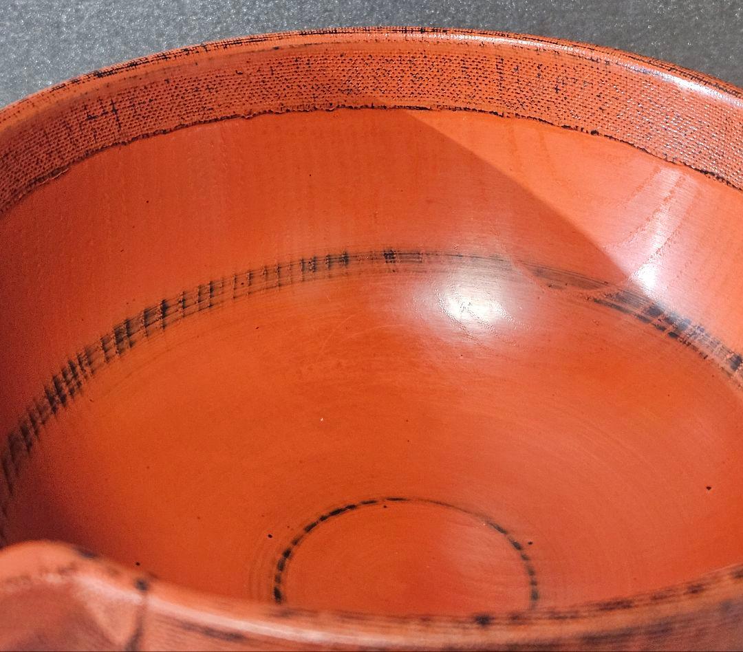 天然木　くり貫き造　朱漆塗　根来仕上　口縁布張　片口椀　酒次　酒器　未使用品！