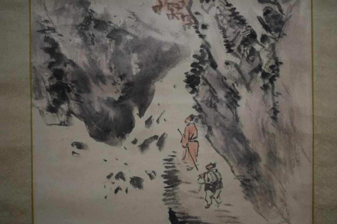 真作/奥谷秋石/秋景山水人物図/桐共箱付　布袋屋掛軸HD-890