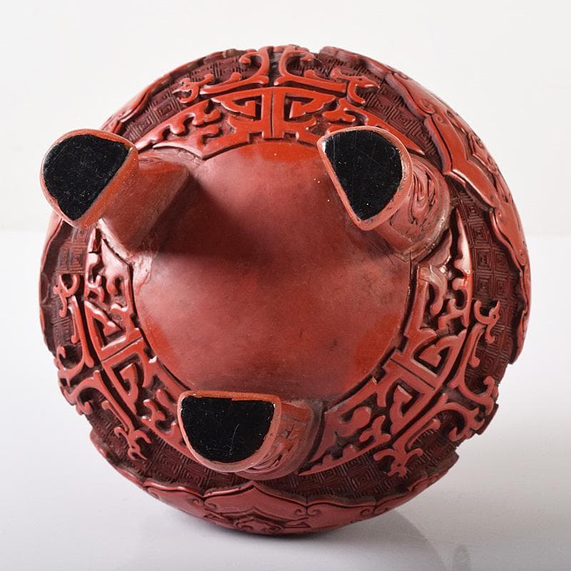 中国　剔紅　堆朱　神獣彫　香炉　唐木台付　D　R8251