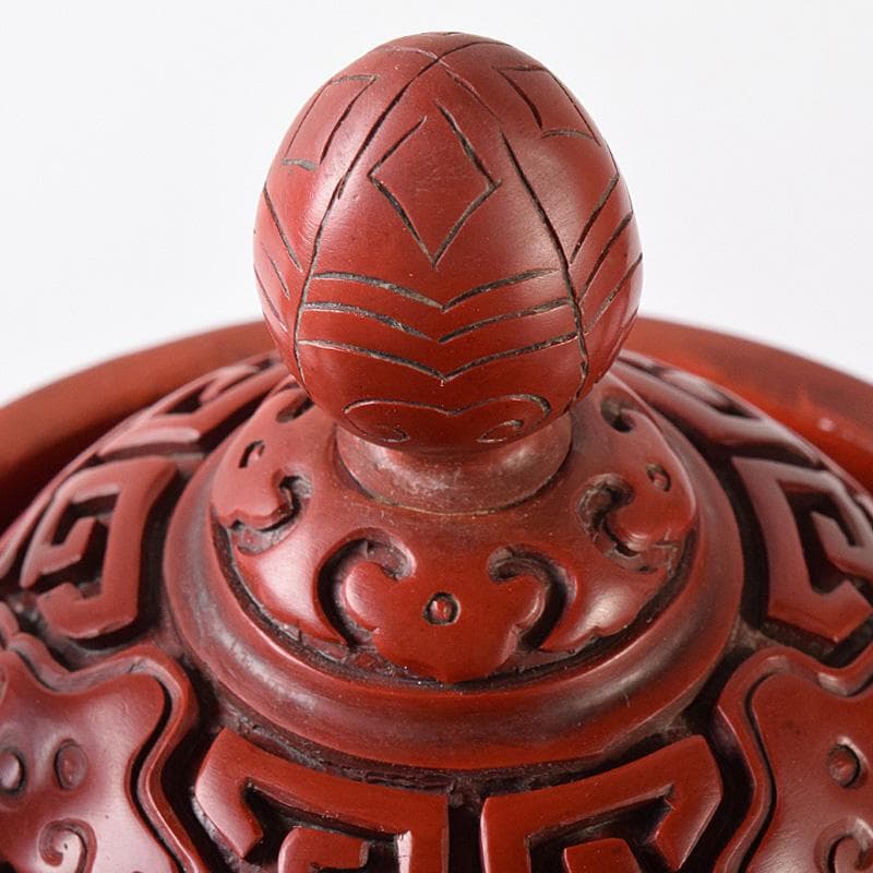 中国　剔紅　堆朱　神獣彫　香炉　唐木台付　D　R8251