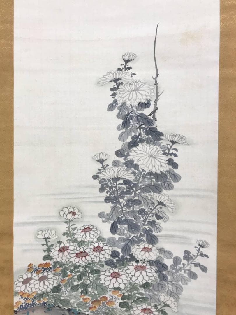 【真作】福岡稲城/菊図/花図/掛軸/名家伝来/AD-301