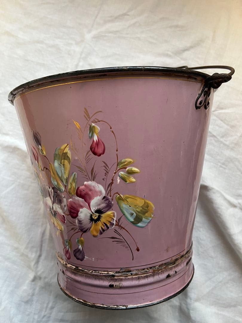 希少♡フランスアンティーク　ピンク　手描き　ホーロー　バケツ　ハンドペイント
