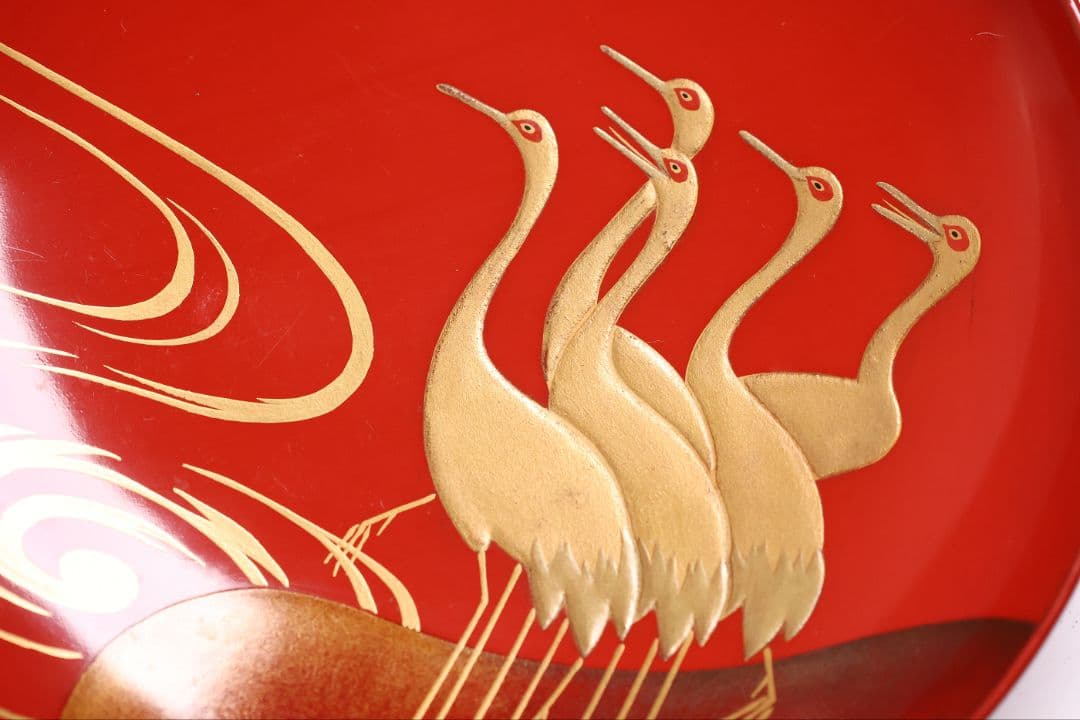 【CM374】時代木製漆器 光琳写 金蒔絵 群鶴図 朱塗 引盃 五客 小皿 杯