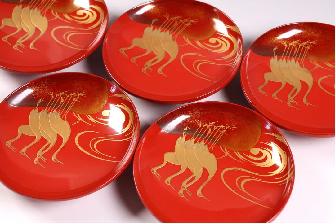 【CM374】時代木製漆器 光琳写 金蒔絵 群鶴図 朱塗 引盃 五客 小皿 杯